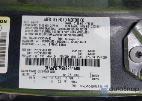 2019 Ford Fusion Se z USA, uszkodzony, nr VIN 3FA6P0T95KR264680